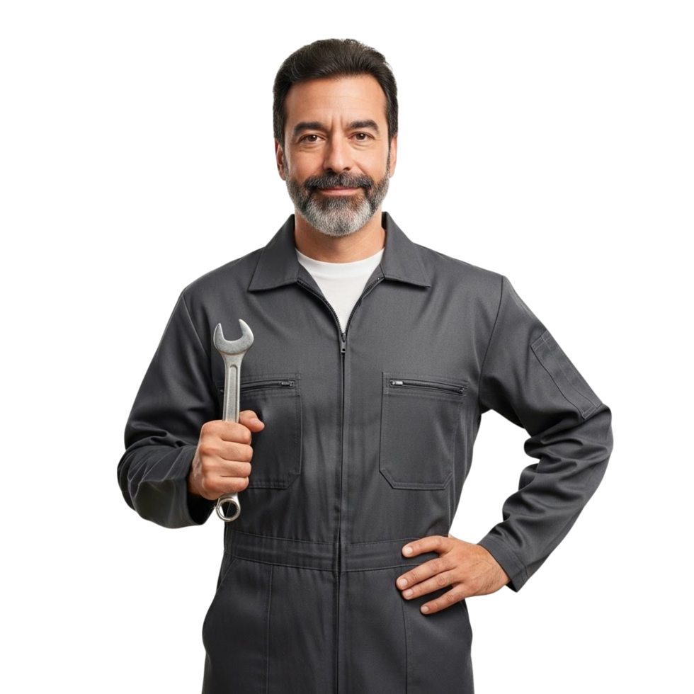 Confident mechanic in gray jumpsuit holding a wrench with one hand on hip png