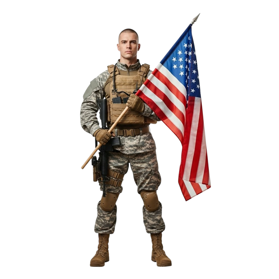 Proud soldier standing firmly holding the american flag png