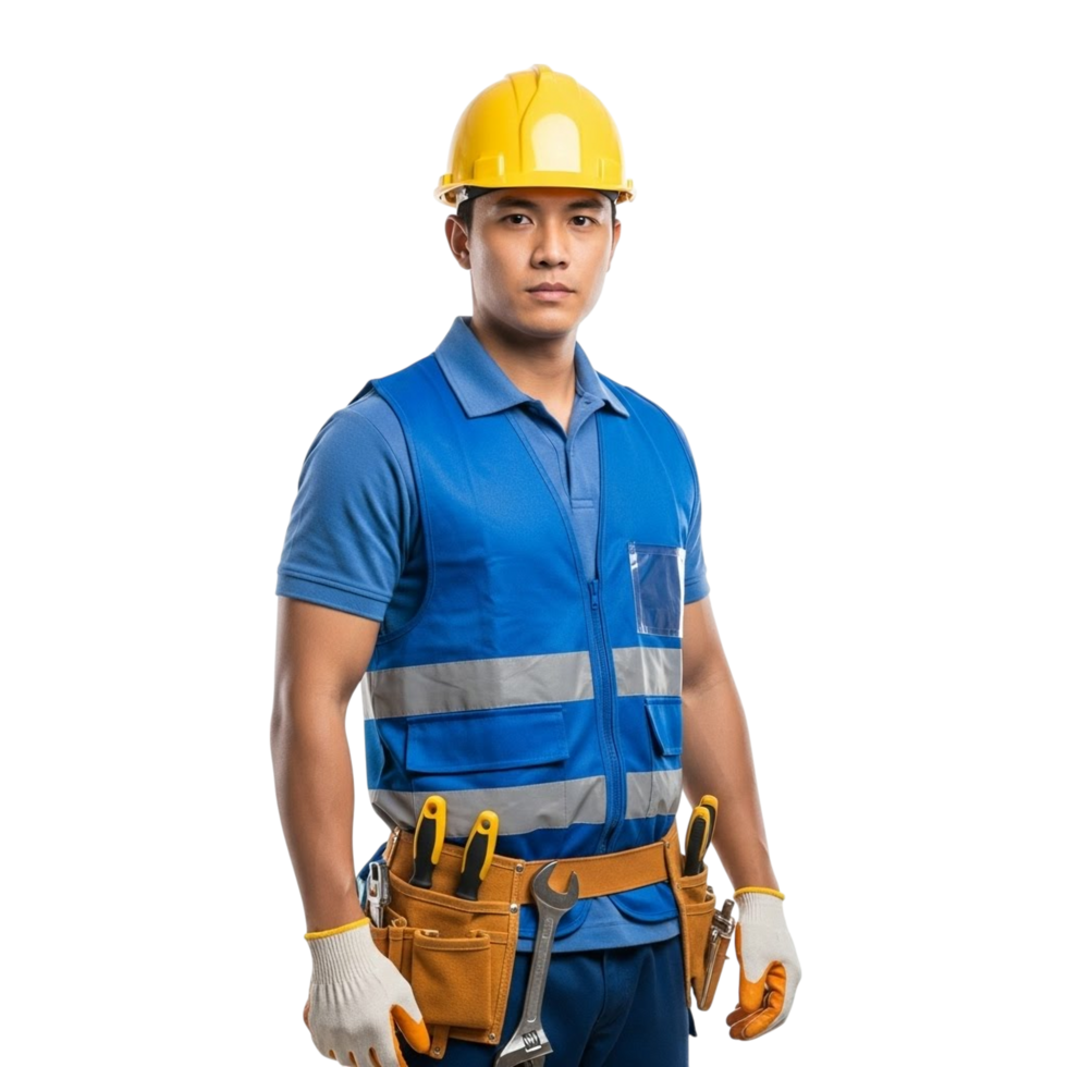 Skilled construction worker with tools and protective gear ready for work png