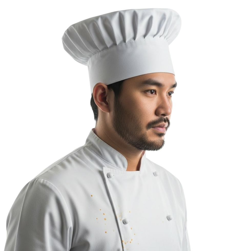 Asian chef in traditional uniform with toque looking to the side png