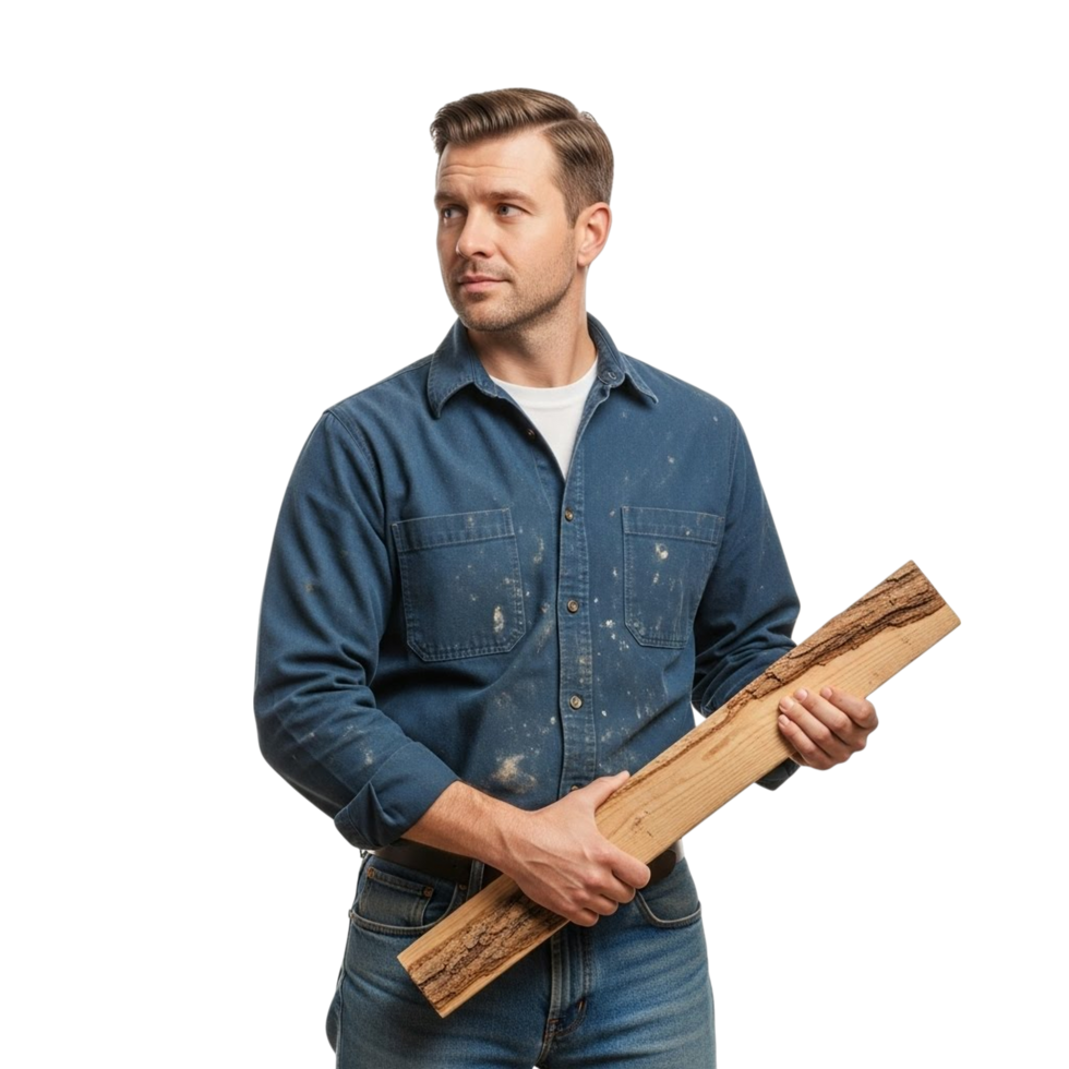 Carpenter holding a piece of wood with a thoughtful expression png