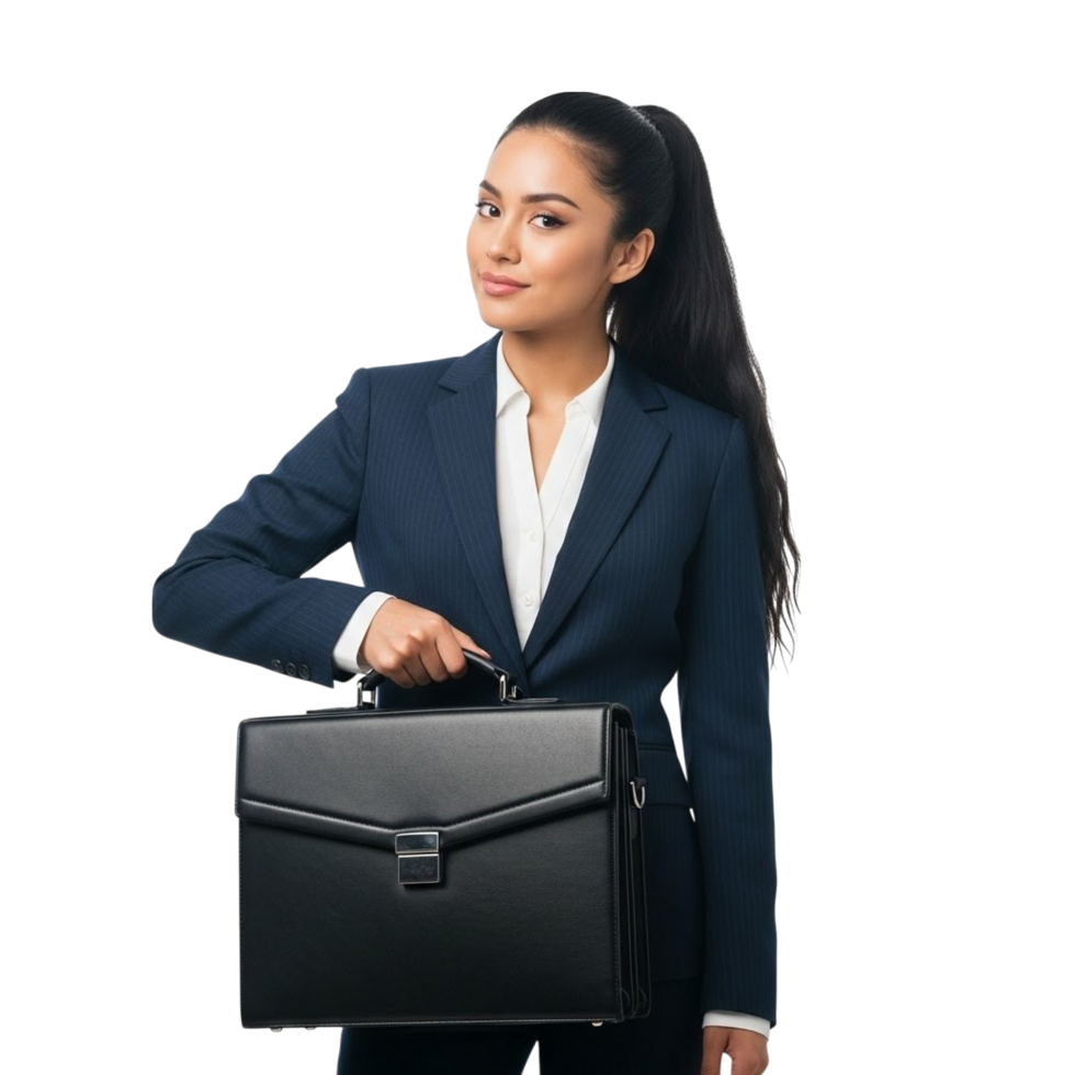 Professional woman in a suit holding a black briefcase png