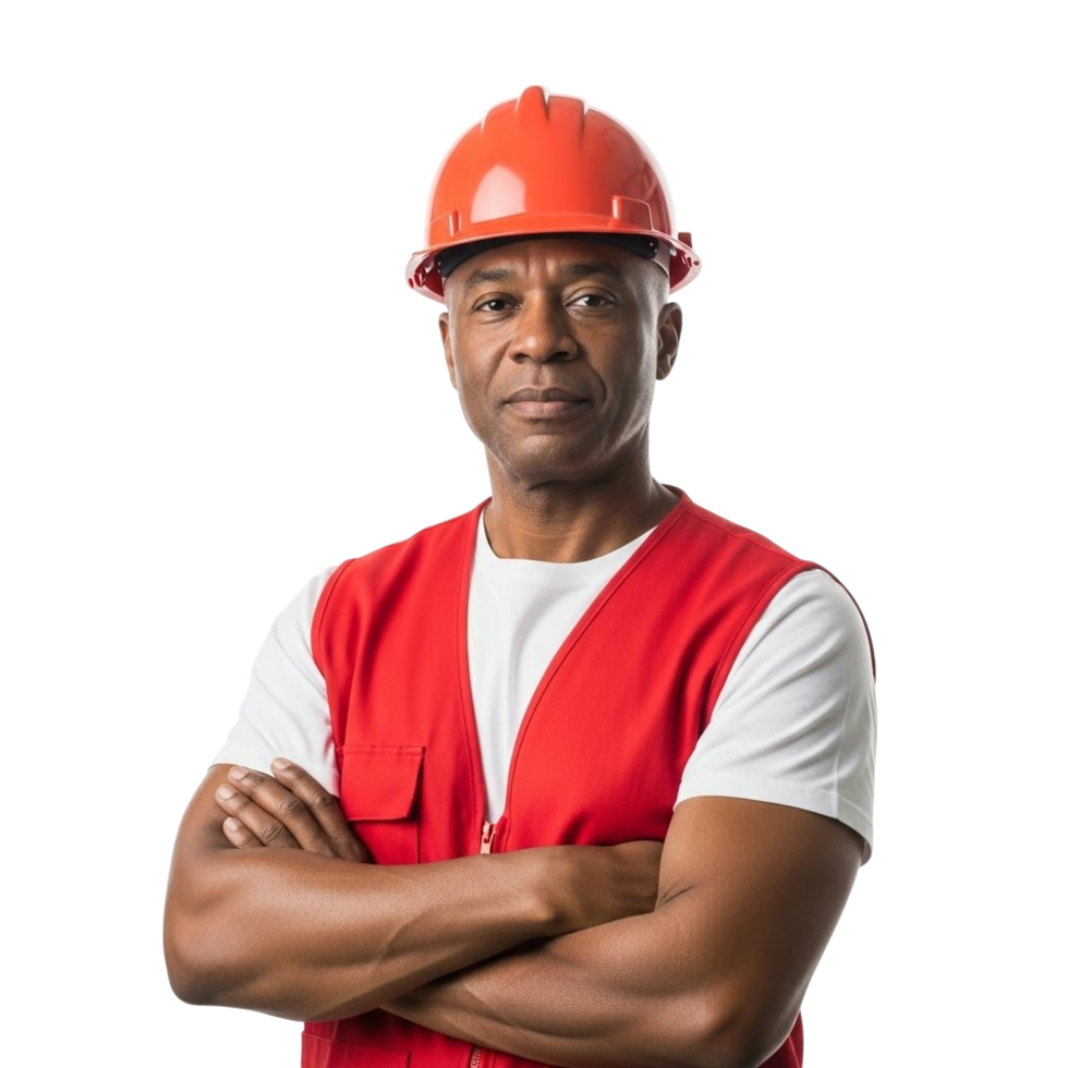 Confident black construction worker wearing an orange hard hat and red vest png
