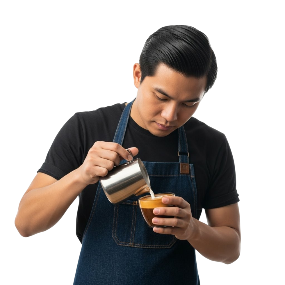 Barista carefully pours milk into espresso creating latte art png