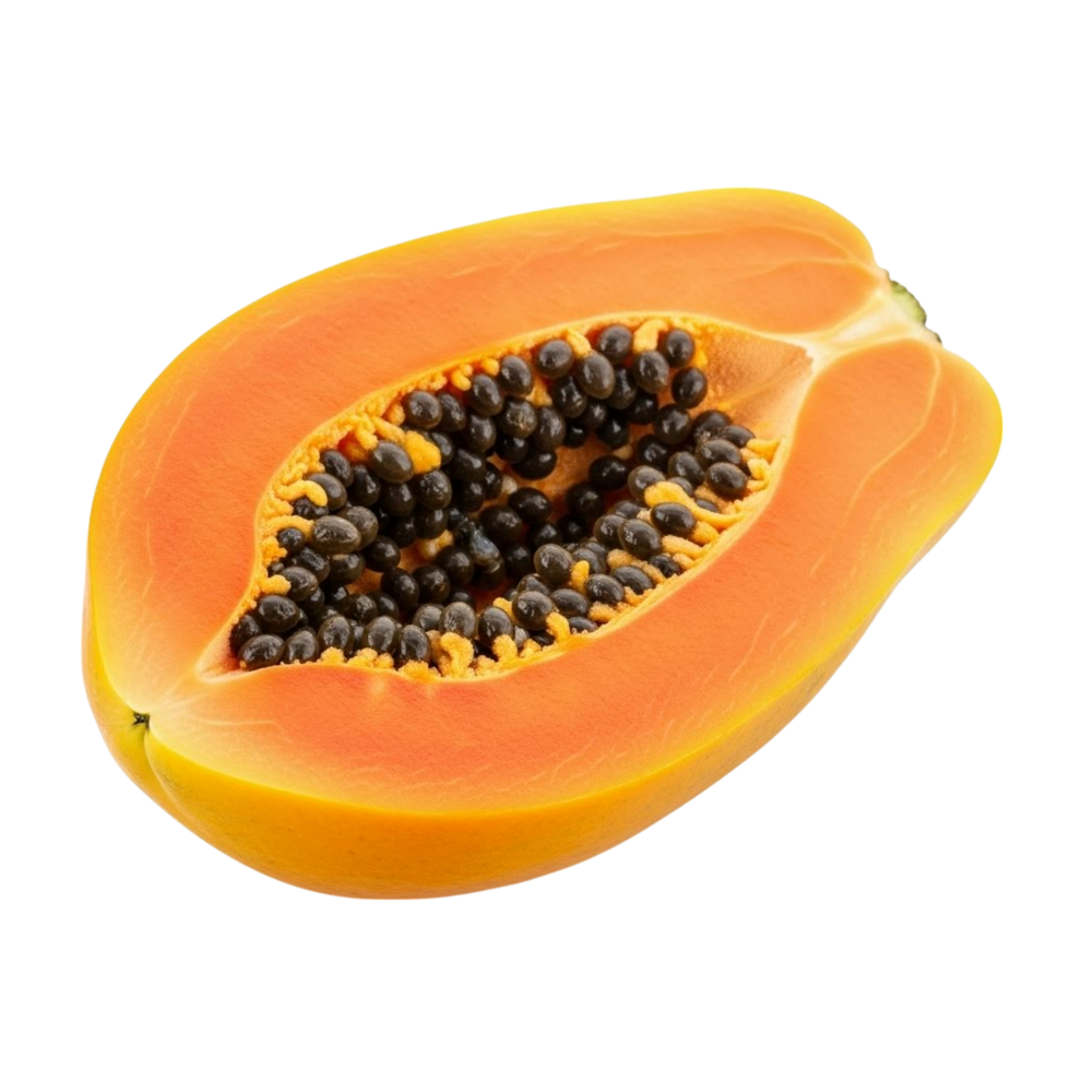 Juicy half papaya with black seeds isolated on transparent background png