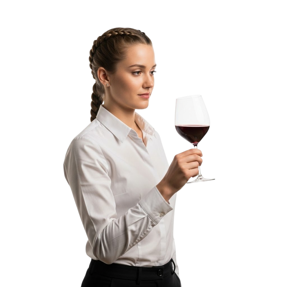 Woman in white shirt examining a glass of red wine png