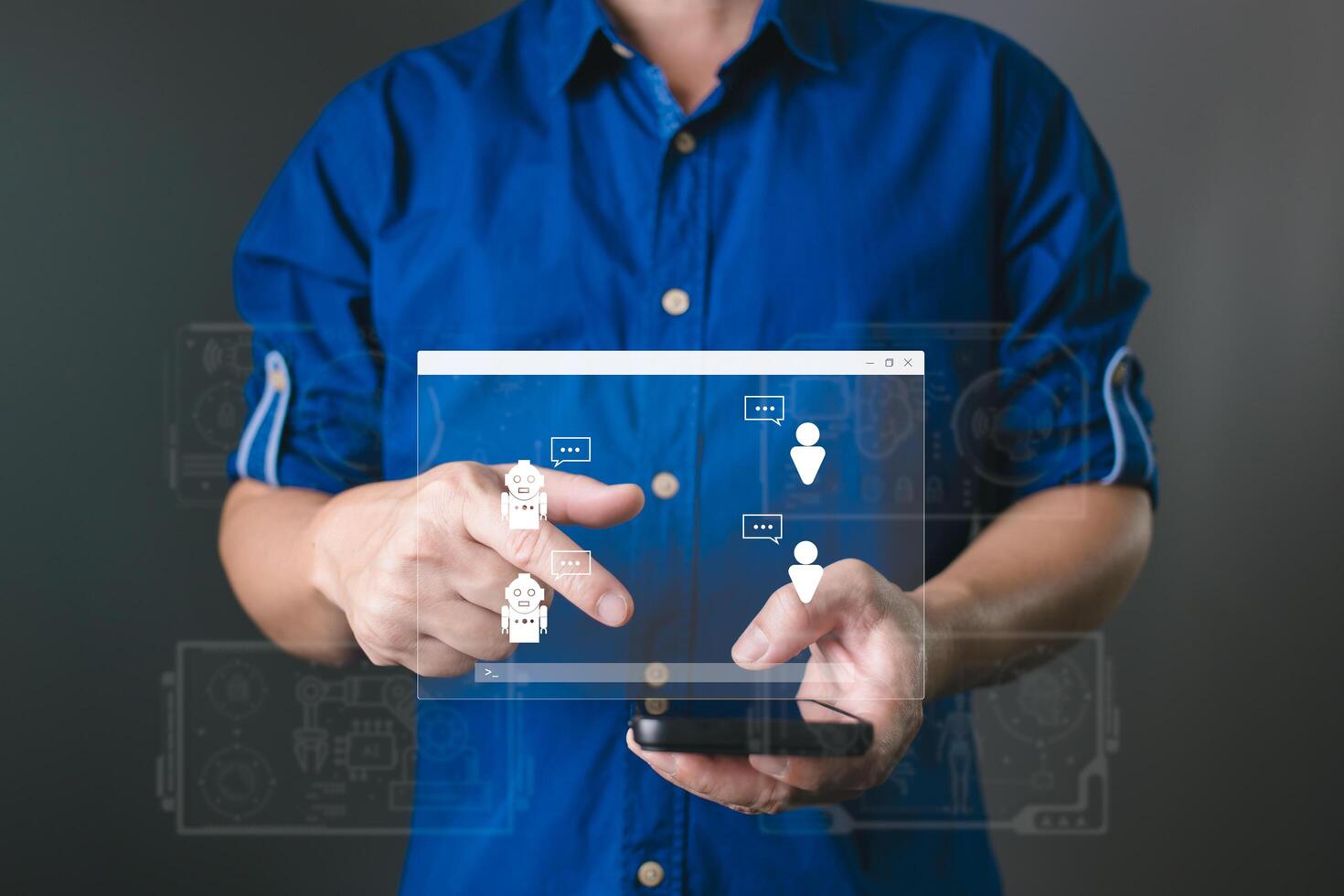 man touch command prompt ai chat bot. Big data storage.Digital Artificial Intelligence technology disruption concept. use AI to generate management service technology support in the business. photo