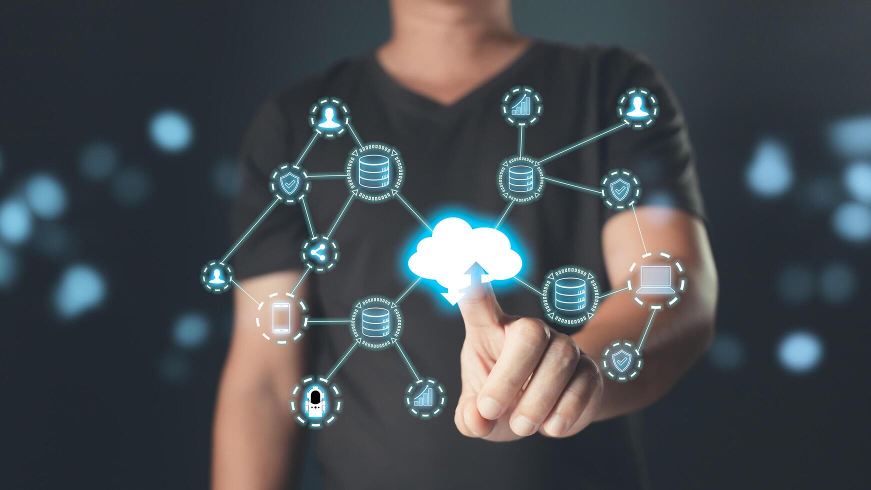 Hand touch icon cloud computing technology.data storage center system sharing management for upload download transfer.secure backup online digital networking and internet connection service concept photo