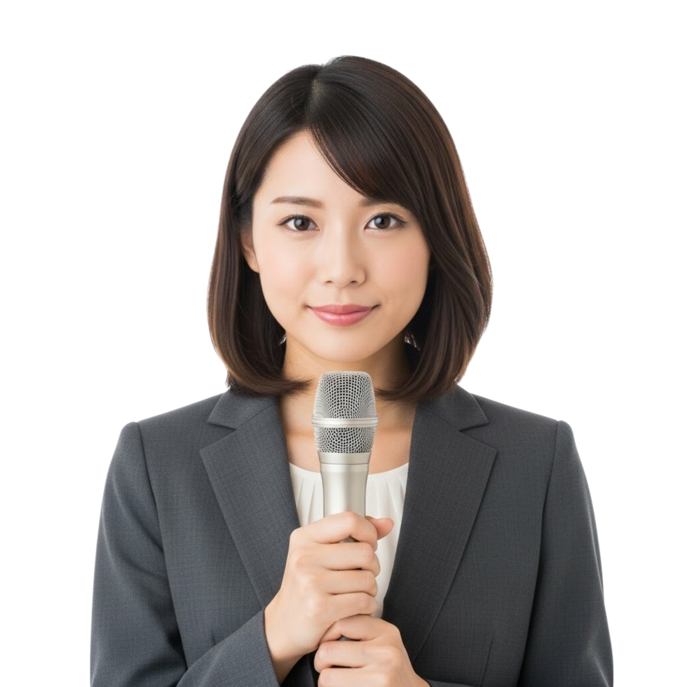 Professional asian woman holding a microphone ready to speak png