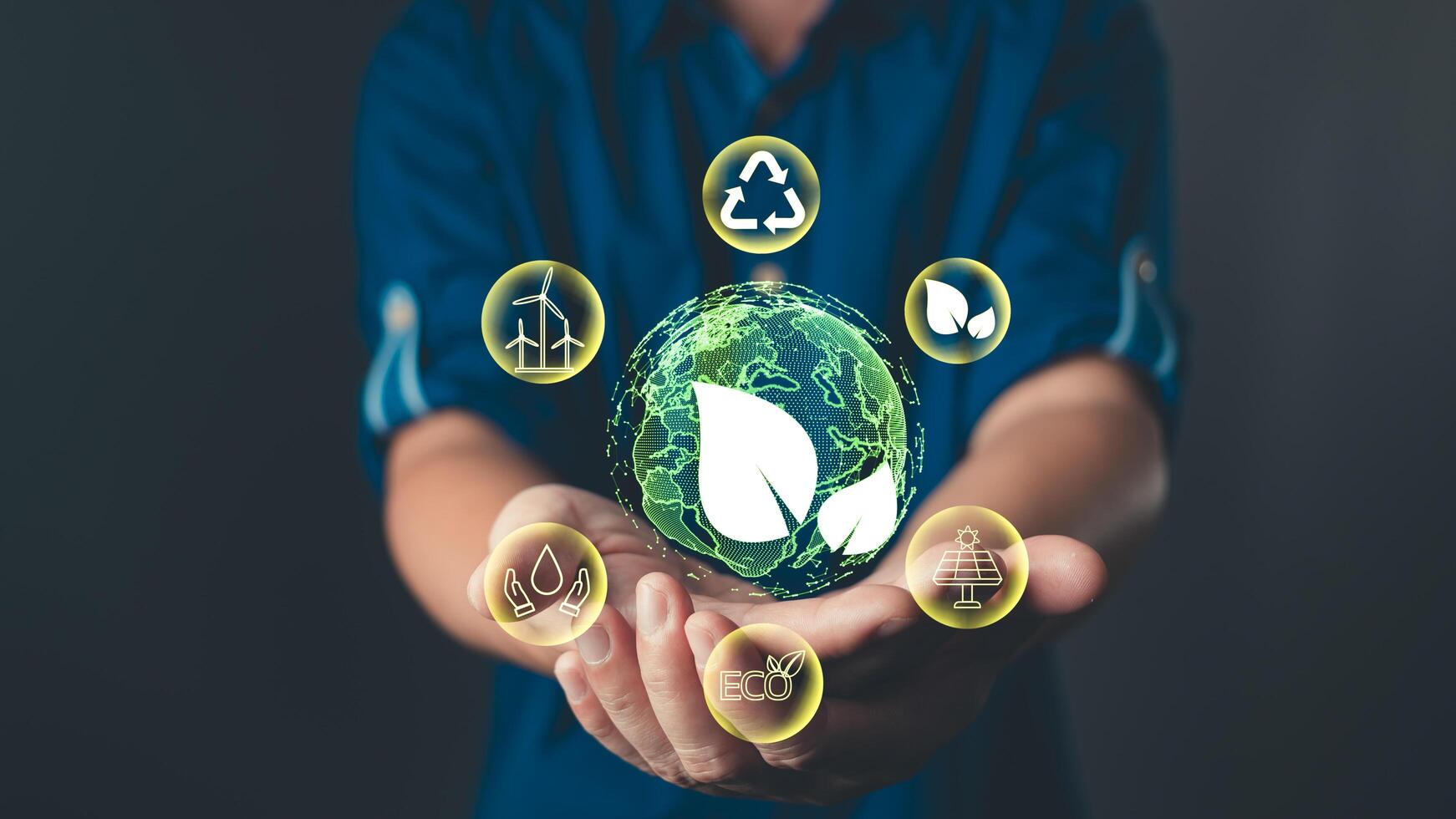 The image showcases a green planet surrounded by icons of sustainable development, highlighting environmental awareness, green energy, and the importance of recycle practices for a better future. photo