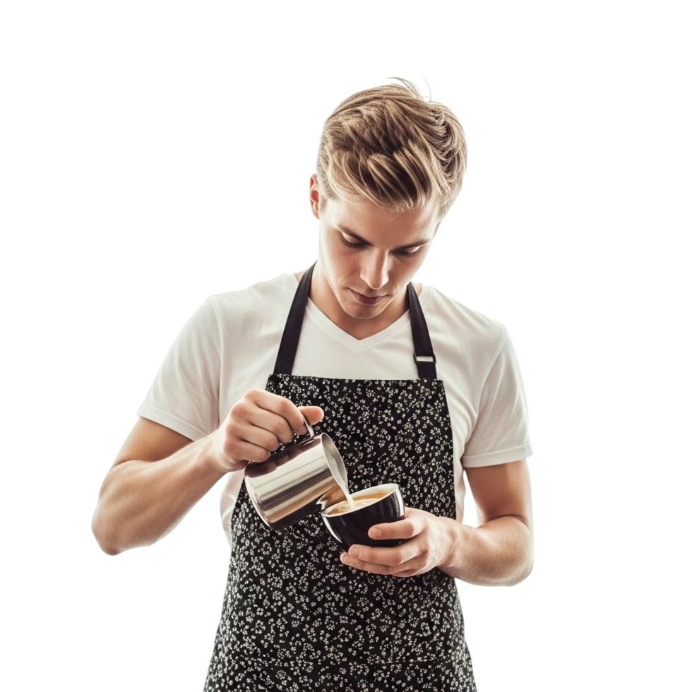 Barista carefully pours milk into a coffee cup creating latte art png