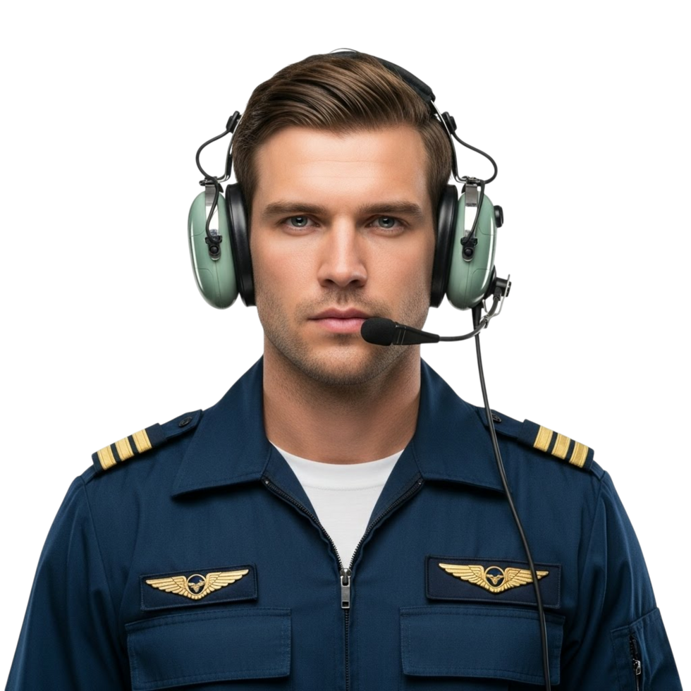 Pilot in uniform wearing headphones and microphone ready for flight png