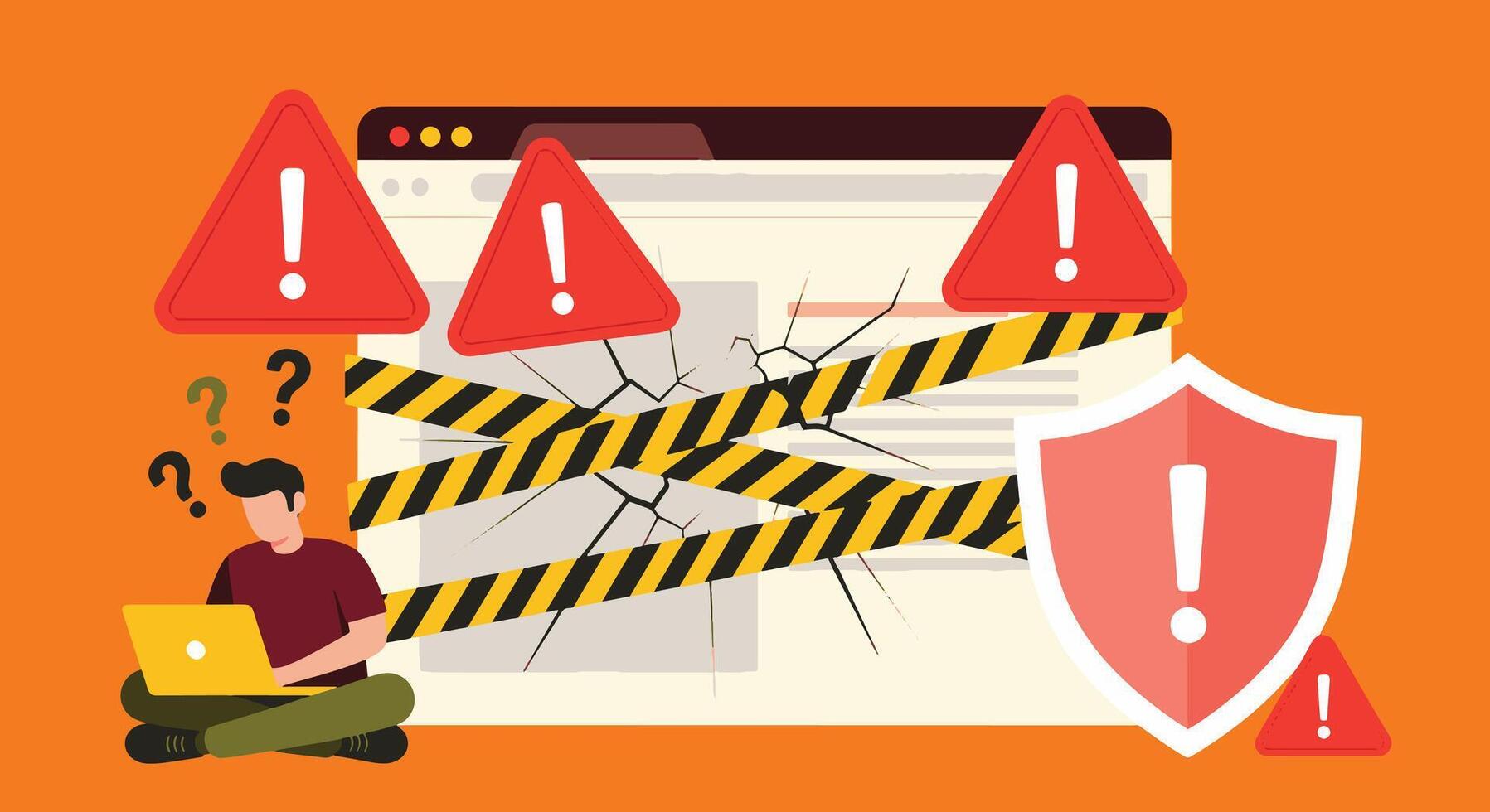A man sitting on the floor with a laptop and a computer screen with a warning sign vector