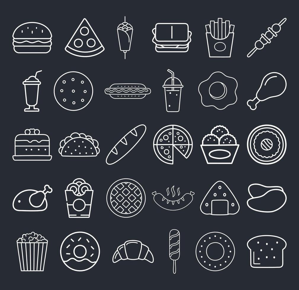 Fast food outline pictograms collection. Burger, pizza, french fries, drinks, fried chicken, donut, popcorn, chocolate bar, nuggets, sandwich and other meal items icon set art. vector