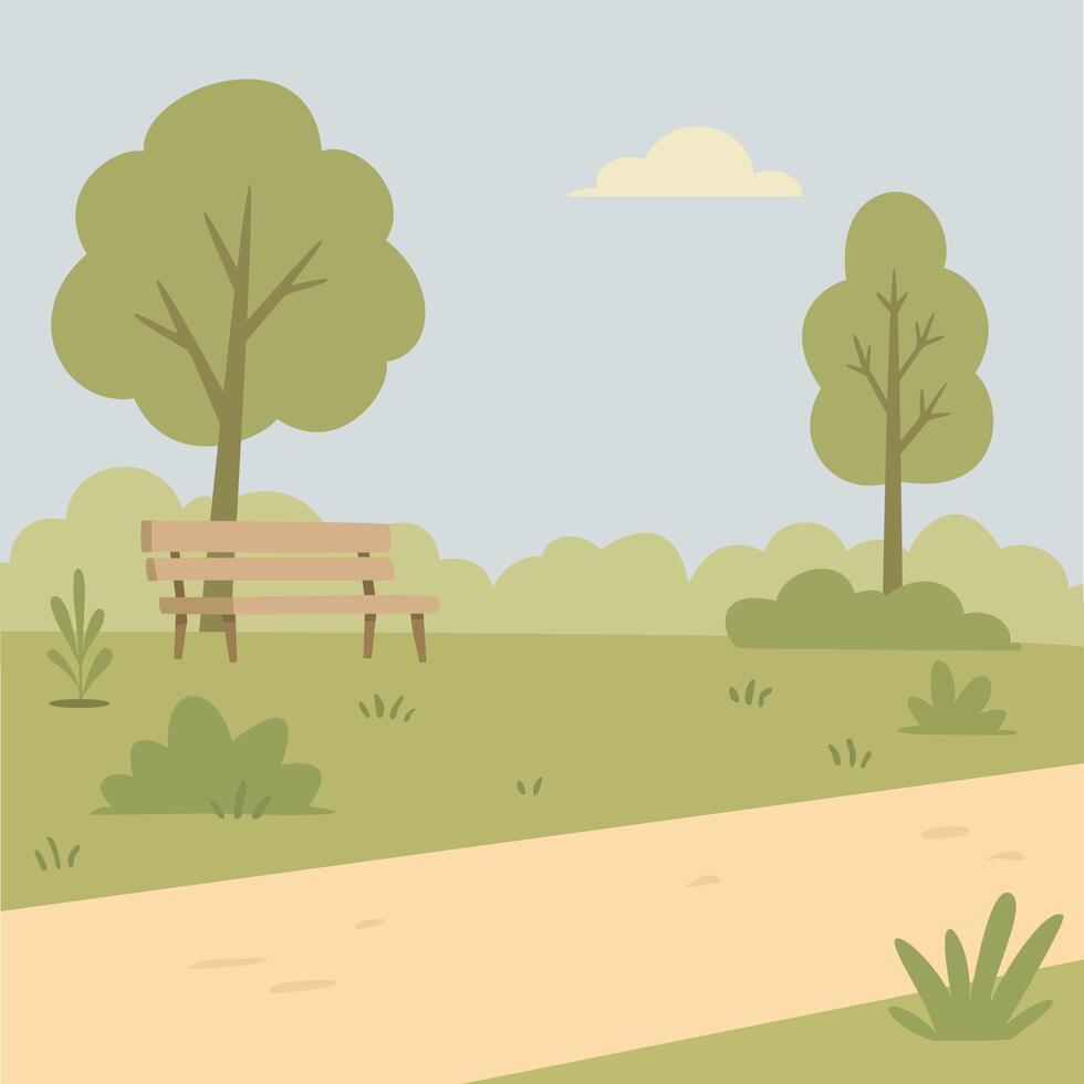 Tranquil park scene with bench and pathway vector
