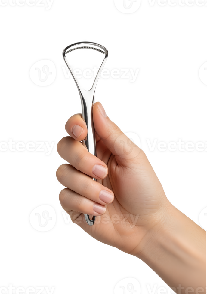 Hand holding metallic tongue scraper for oral hygiene, dental care tool, isolated on transparent background, fresh breath, morning routine, health concept png