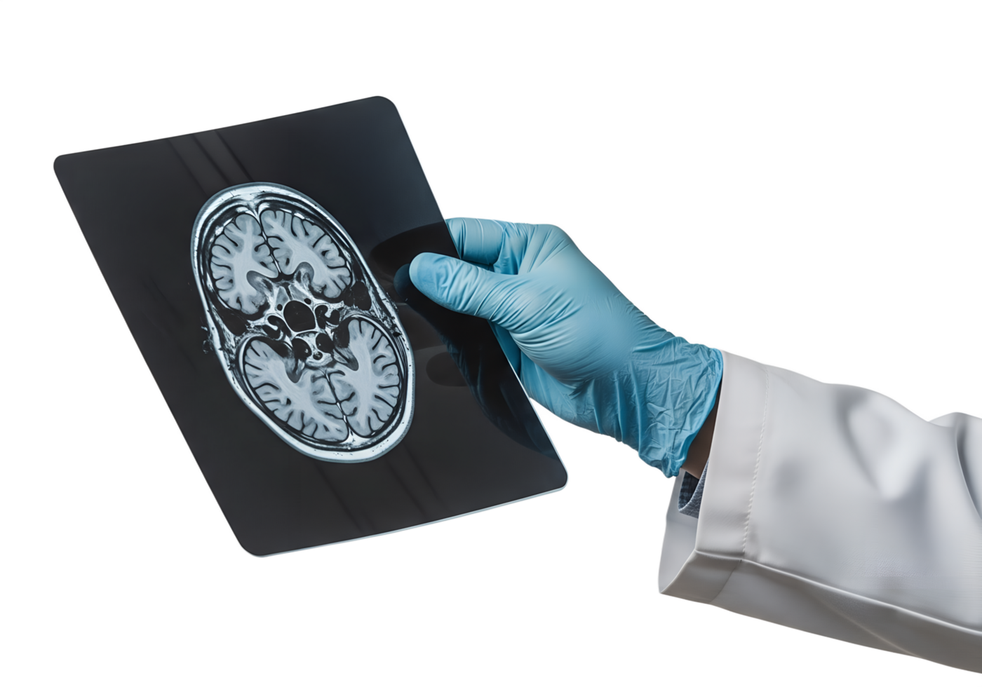 Medical professional examining brain mri scan, health care and neurology concept, isolated on transparent background, diagnostic imaging, doctor analysis png