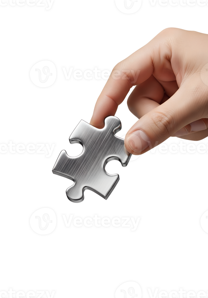 Hand holding silver puzzle piece isolated on transparent background, teamwork concept, problem-solving, connection, missing part, jigsaw png