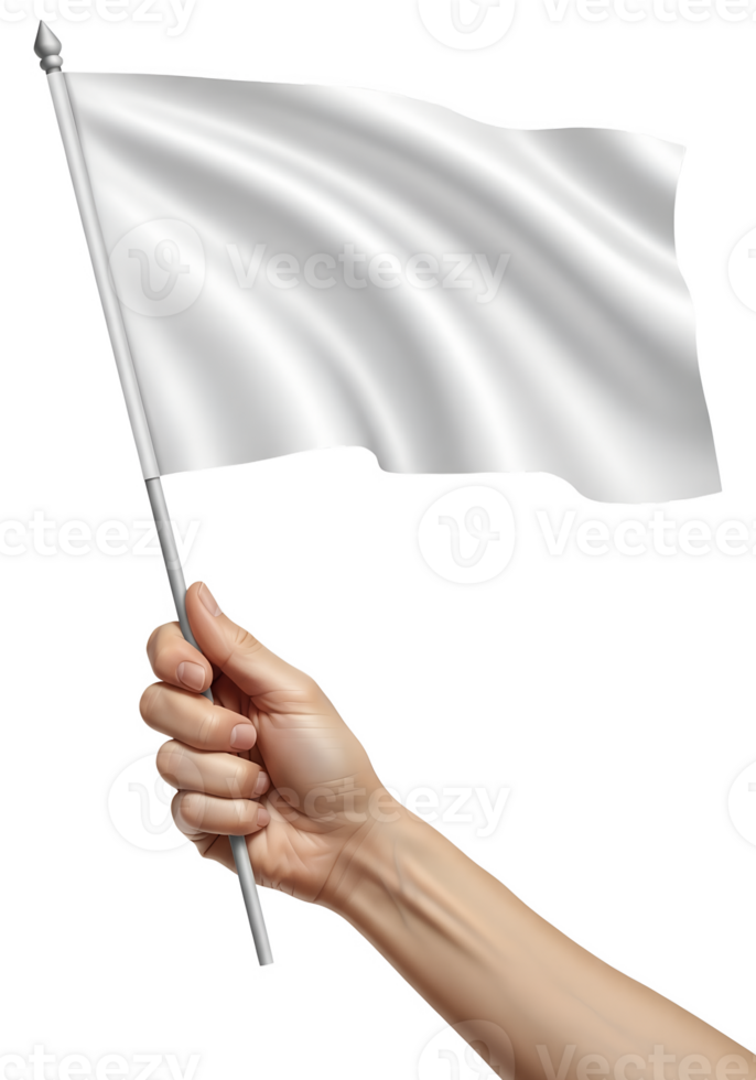 Hand holding white flag, symbol of surrender or peace, isolated on transparent background png