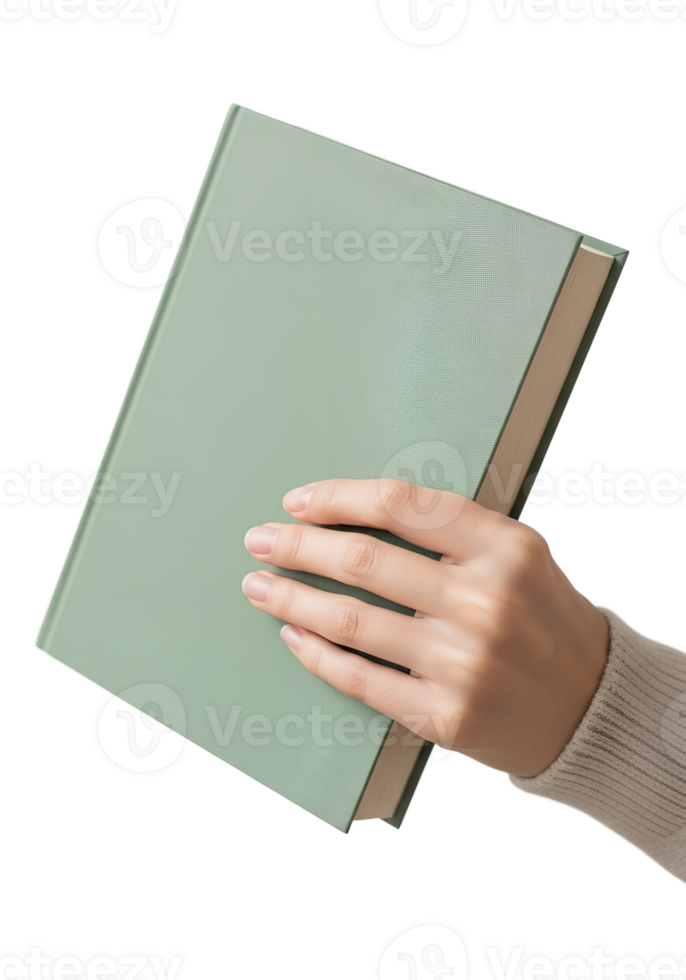 Hand holding book isolated on transparent background, reading and education concept, literature, study png