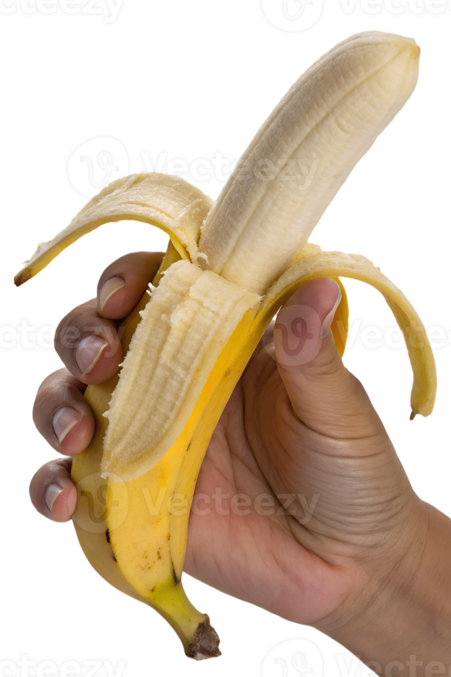 Hand peeling ripe yellow banana, fresh fruit against transparent backdrop, healthy snack close-up png
