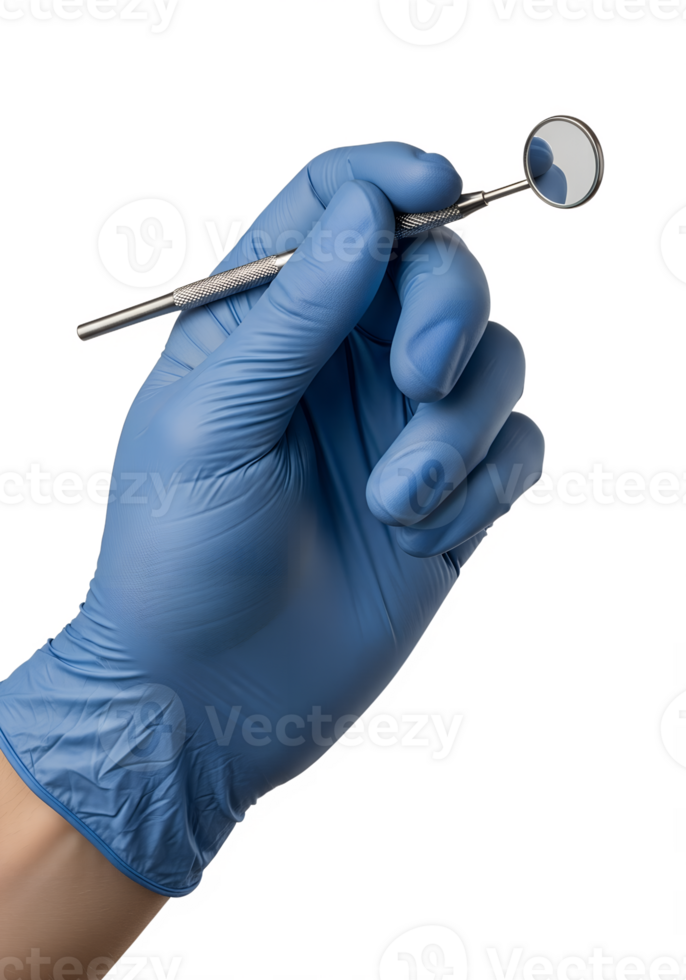 Hand in blue latex glove holding dental mirror, dentistry tool, oral hygiene concept, isolated on transparent background, professional dental care png