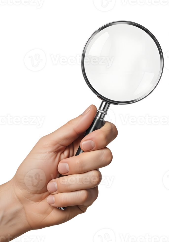 Hand holding magnifying glass, clear lens and metal handle, isolated on transparent background, inspection tool, detective concept, search and analysis png