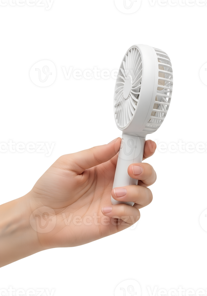 Hand holding small handheld mini fan, isolated on transparent background, cooling gadget, summer accessory, portable breeze, tech device png