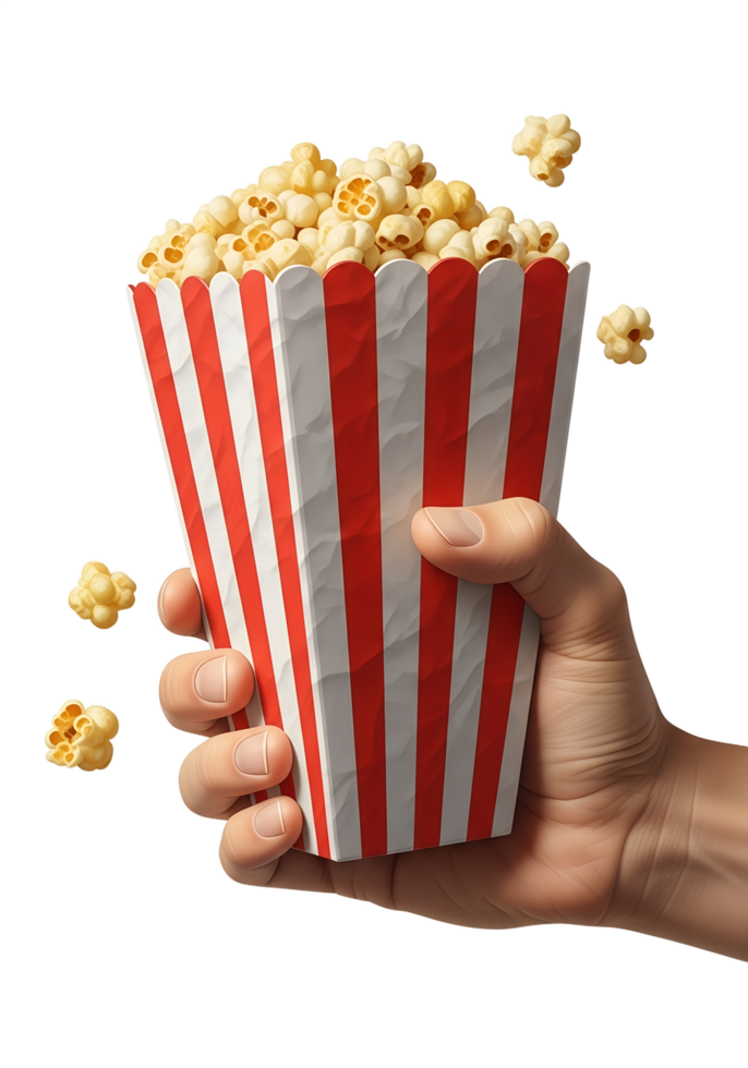 Hand holding classic red-and-white striped popcorn bucket, movie theater snack, isolated on transparent background, cinema food png