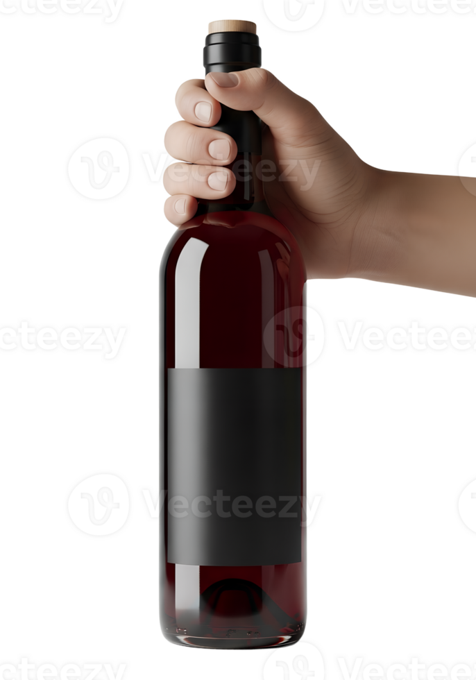 Hand holding wine bottle with black label, isolated on transparent background, luxury drink, fine alcohol, sommelier concept, elegant packaging png