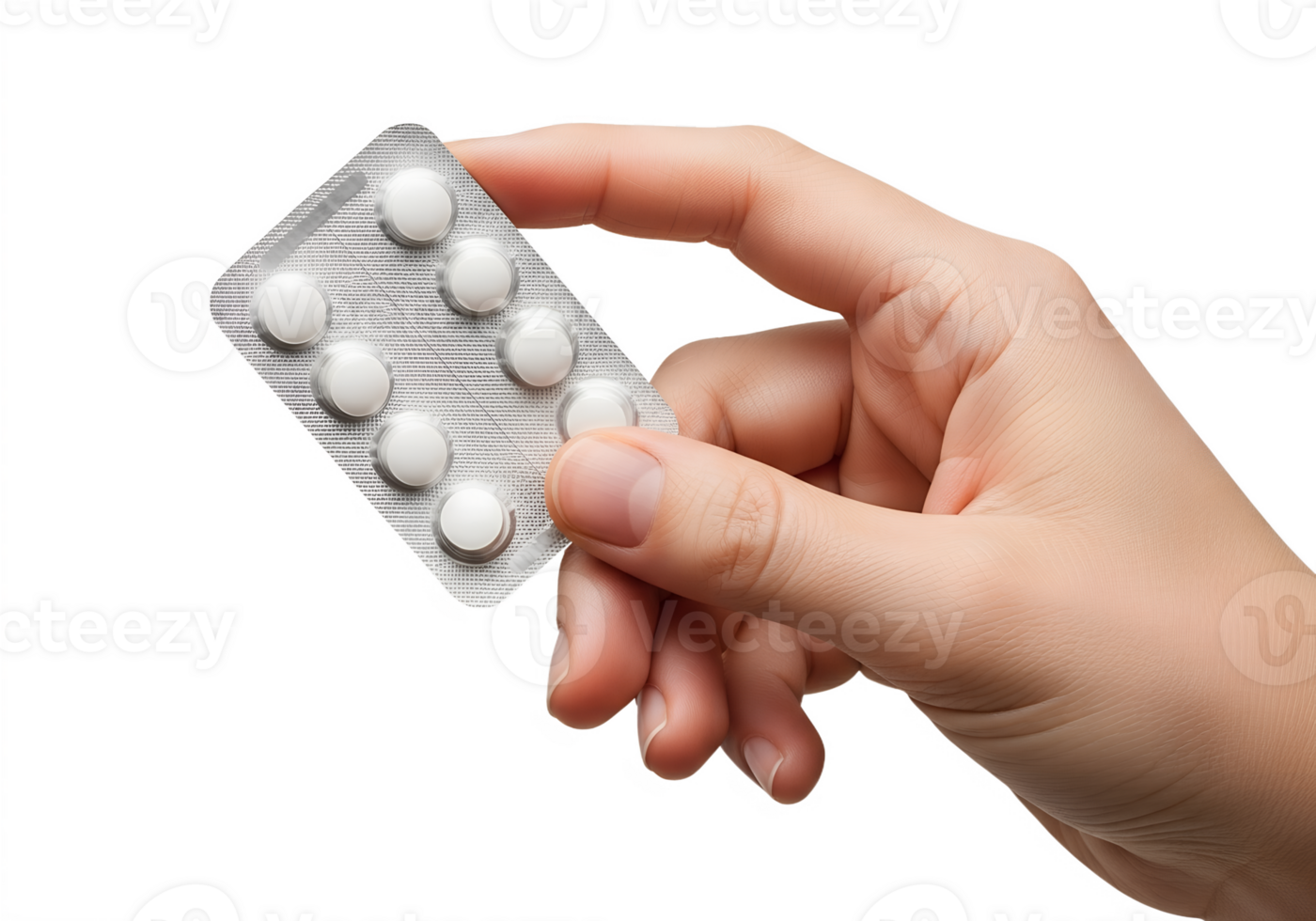 Hand holding blister pack of white pills, medication or supplement concept, isolated on transparent background, healthcare, pharmacy, treatment png