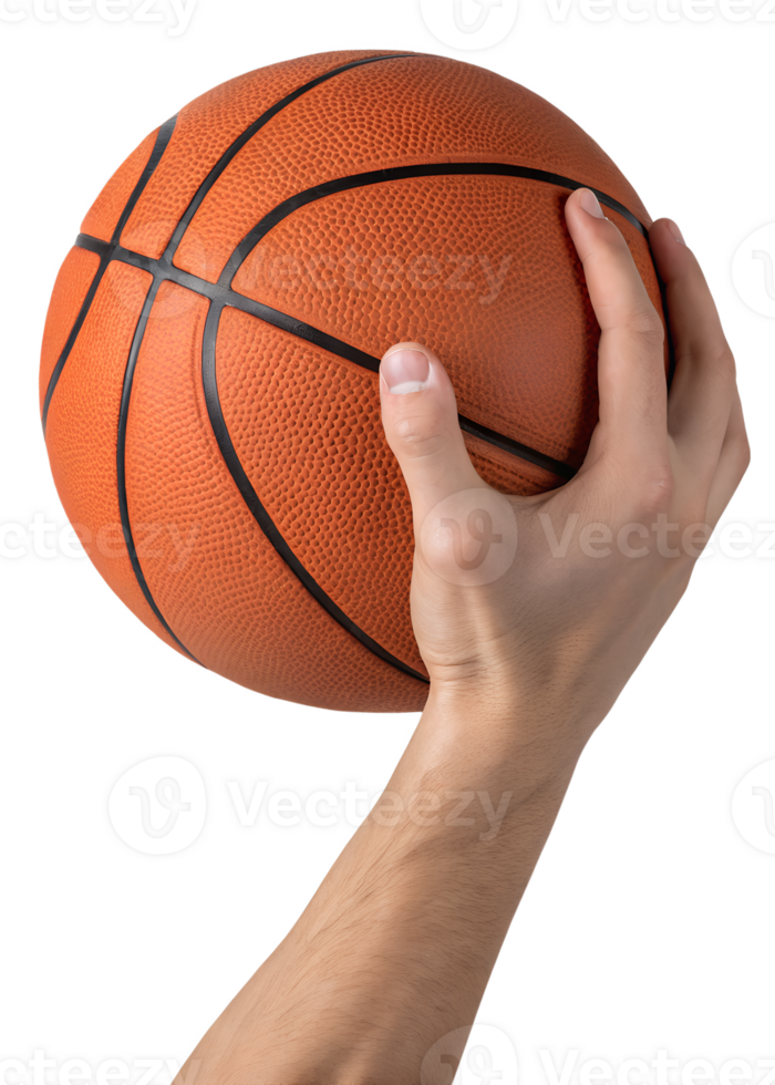 Hand holding basketball isolated on transparent background, sports equipment, game ready, orange ball, athletic grip, basketball tournament concept png