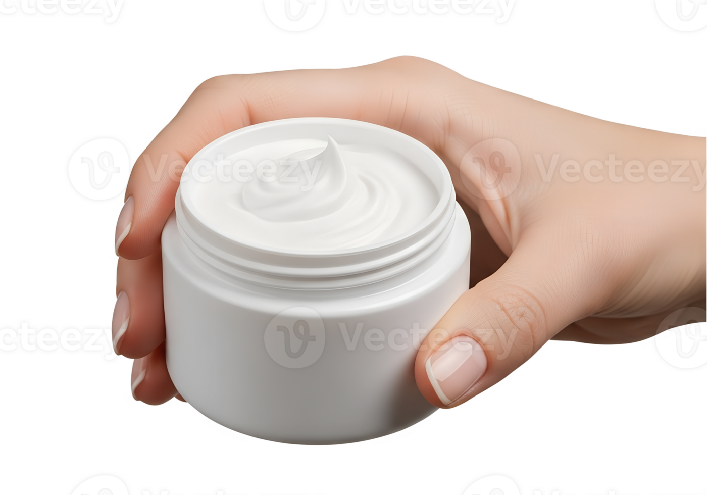 Hand holding jar of white moisturizing cream, skincare beauty product, isolated on transparent background, self-care routine, cosmetic treatment png