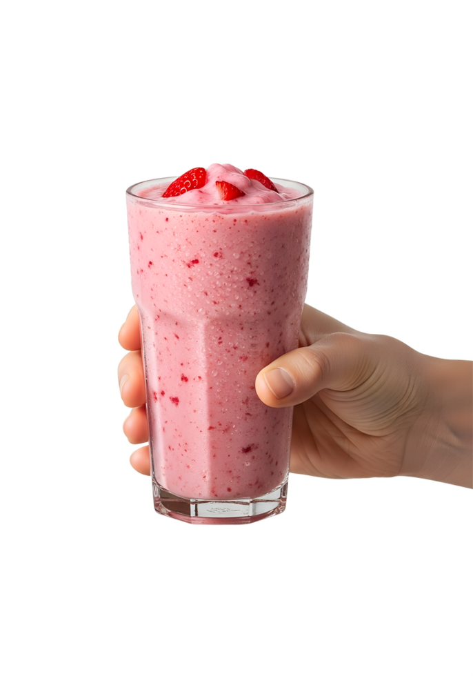 Hand holding refreshing strawberry smoothie in clear cup, healthy drink with fresh fruit, isolated on transparent background, summer beverage png