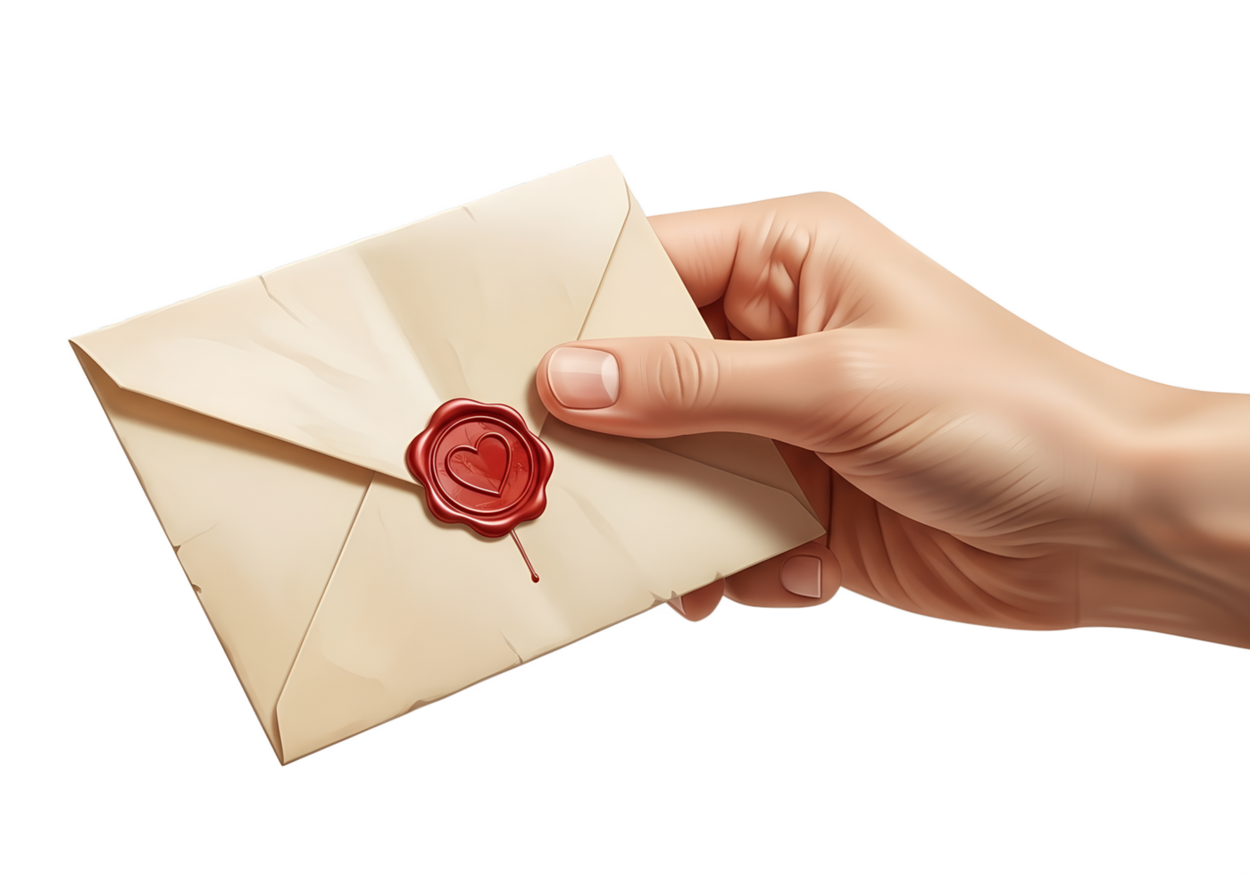 Hand holding sealed envelope with red heart wax seal, vintage love letter concept, isolated on transparent background, romantic communication png