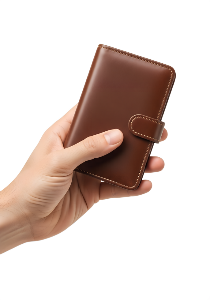 Hand holding brown leather wallet with clasp, minimalist design, isolated on transparent background, fashion accessory, money organizer png