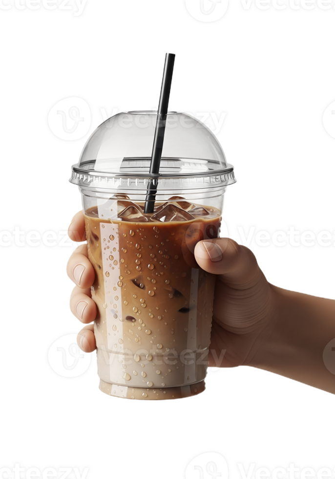 Hand holding refreshing iced coffee in plastic cup, condensation on the surface, isolated on transparent background, cold beverage, summer drink, takeout cup png