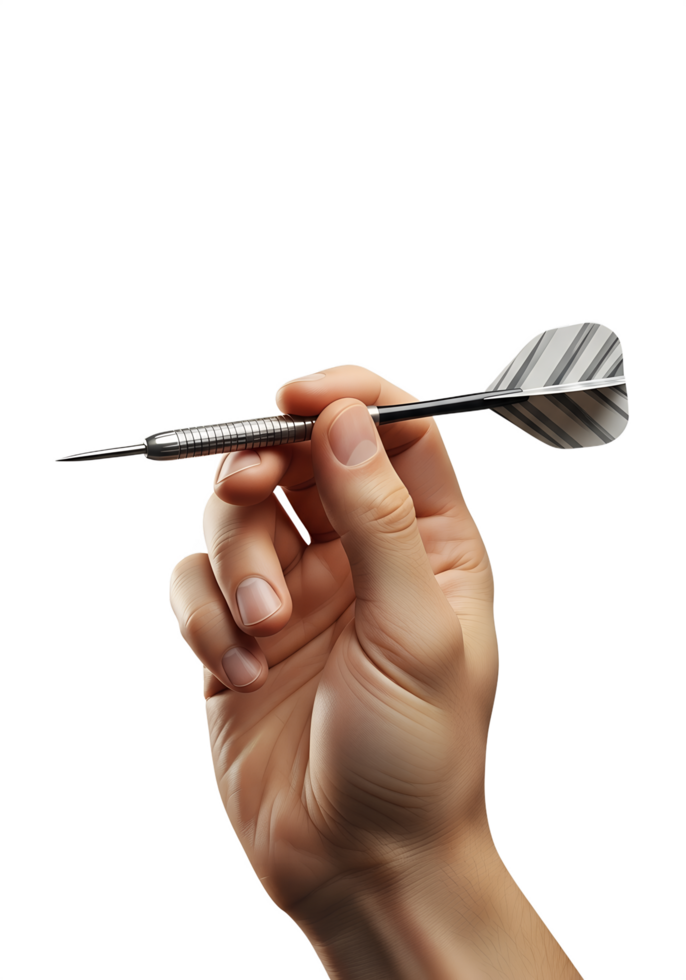 Hand holding dart ready to throw, isolated on transparent background, target game concept, sharp metal tip, competitive sport, leisure activity png