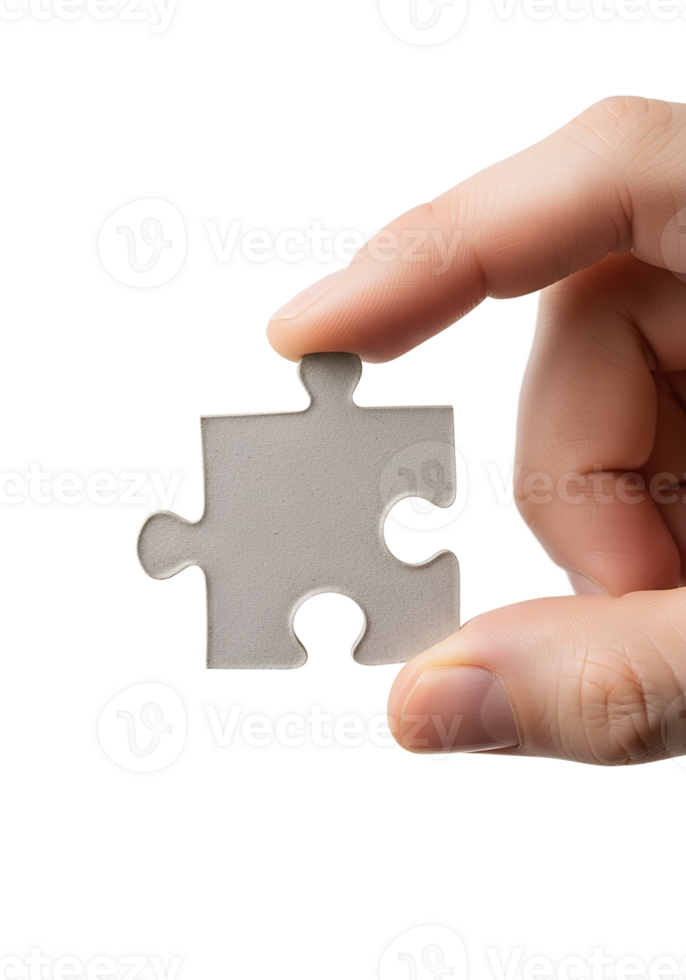 Hand holding single puzzle piece symbolizing completion and problem-solving, teamwork concept, isolated on transparent background png