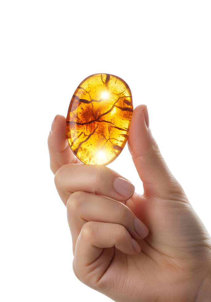 Hand holding polished piece of amber with natural inclusions, fossilized resin, isolated on transparent background, ancient organic gemstone png