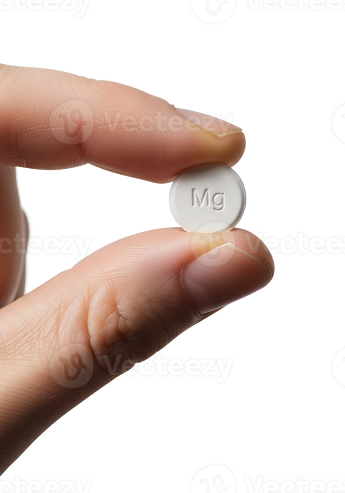Close-up of hand holding white magnesium supplement tablet, health and wellness concept, isolated on transparent background, mineral nutrition, dietary supplement png