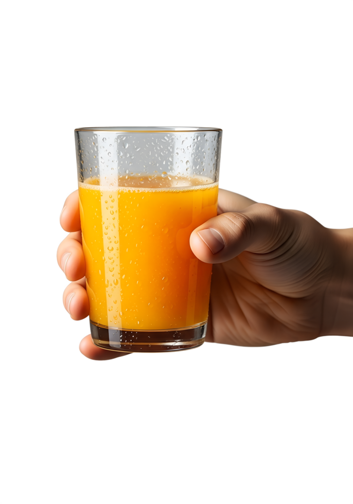 Hand holding glass of fresh orange juice on transparent background, citrus drink, healthy breakfast beverage, cold refreshment, morning vitamin c, natural juice png