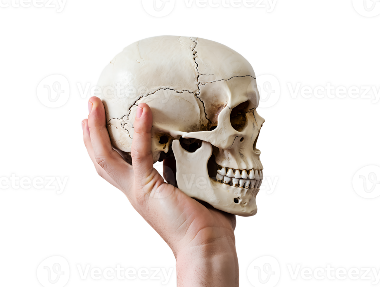 Human skull held in hand, anatomy study concept, bone structure for medical education png