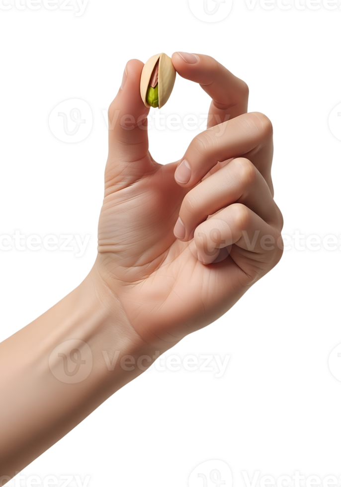 Hand holding single pistachio nut isolated on transparent background, healthy snack, natural food, shelled nut, nutrition and diet concept png