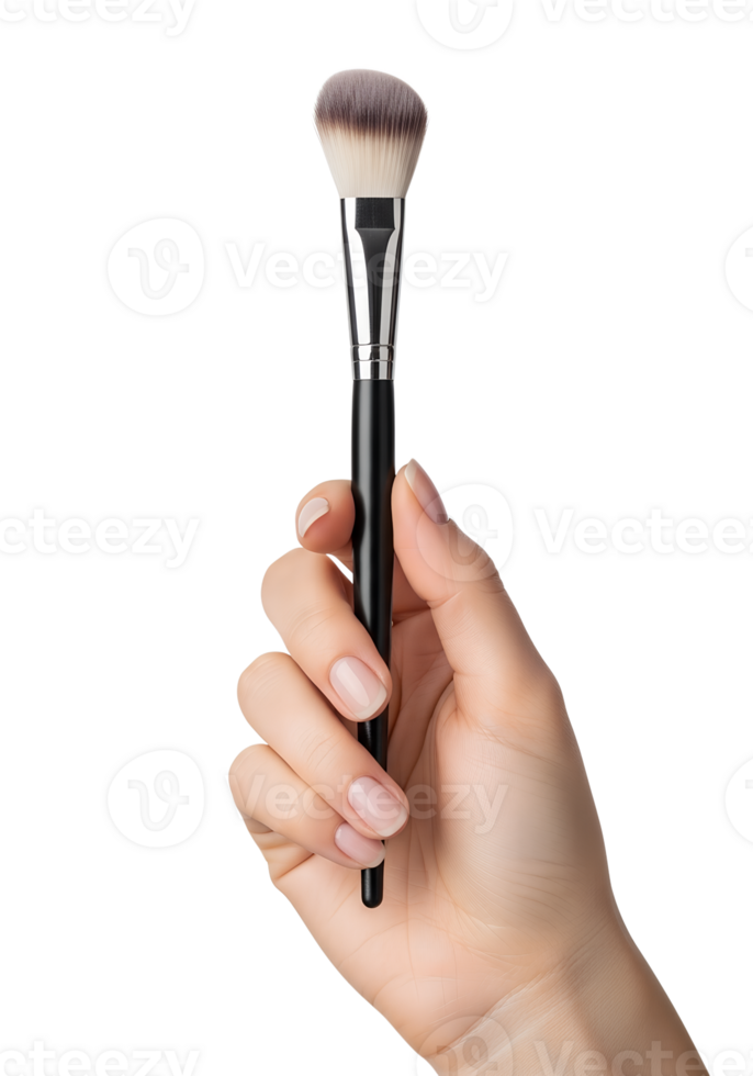 Woman's hand holding makeup brush for beauty application, cosmetics tool, flawless foundation blending, isolated on transparent background, professional makeup artist png