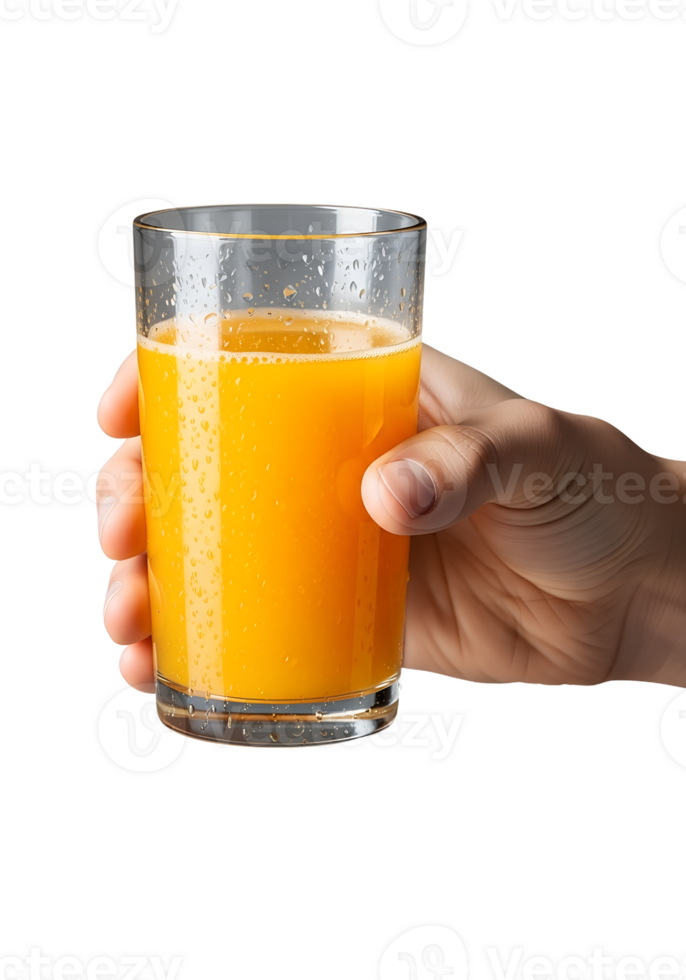 Hand holding glass of fresh orange juice, natural beverage, healthy drink, isolated on transparent background, vitamin c png