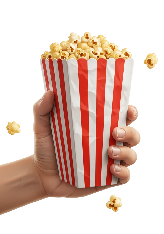 Hand holding red and white striped popcorn container, movie snack isolated on transparent background, cinema food png