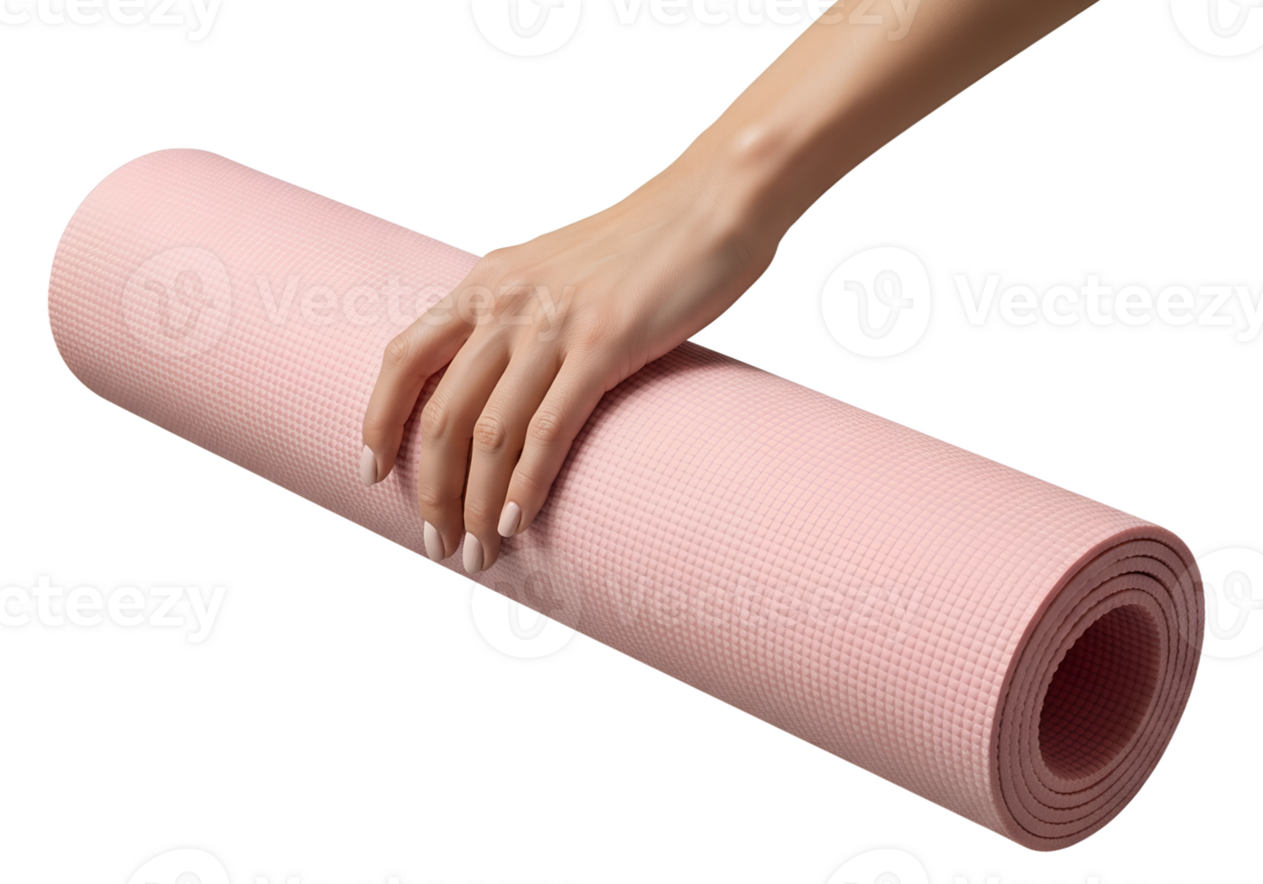 Woman's hand holding rolled pink yoga mat, fitness and wellness lifestyle, isolated on transparent background, workout equipment, active living png