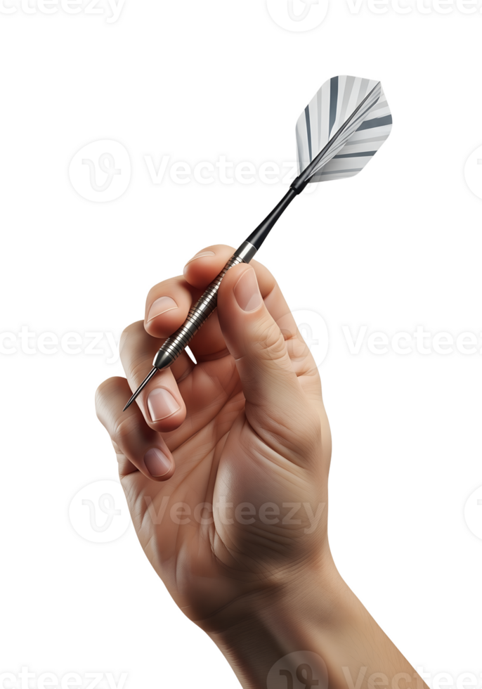 Hand holding sharp dart poised to throw, isolated on transparent background, pub game, precision sport, dartboard target, leisure activity png