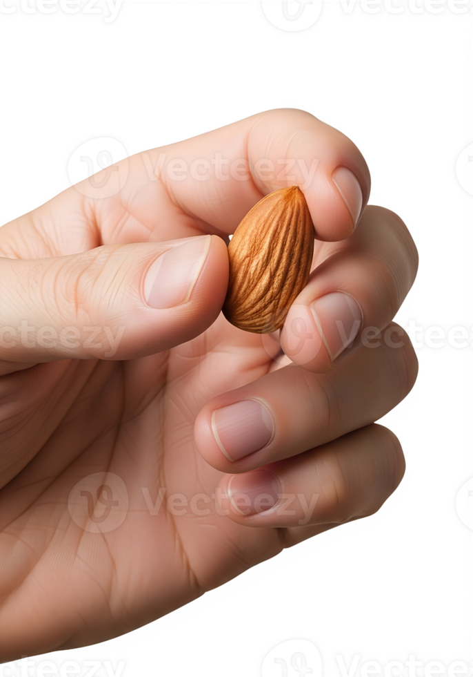 Hand holding single almond nut, healthy snack concept, isolated on transparent background, natural food, nutrition and diet png